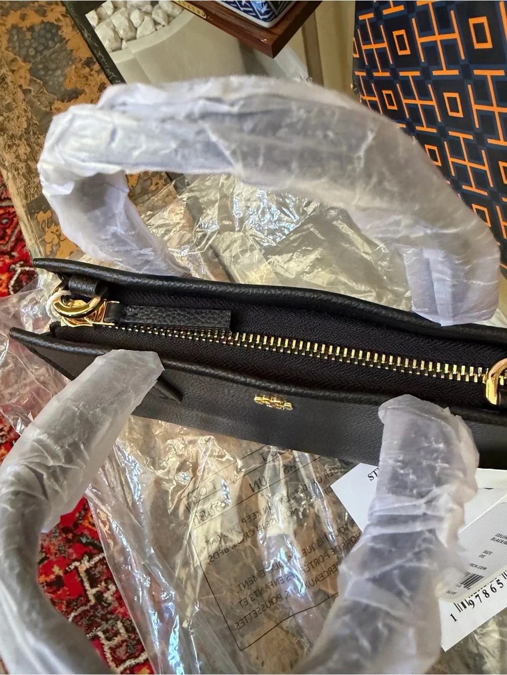 Tory Burch Black Pebbled Leather Mini Tote with Gold Logo